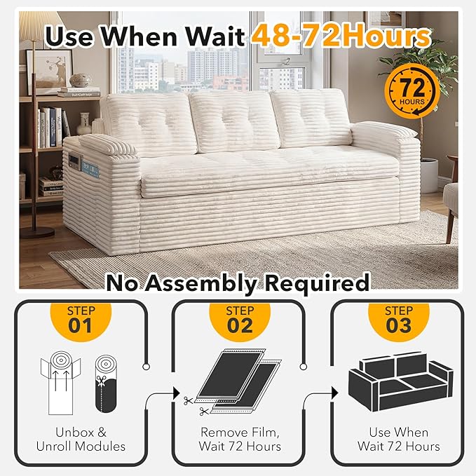 83" Boneless Couch, 3-Seater Cloud Corduroy Sofa in a Box with Deep Tufted Cushions, Zero Assembly, Removable Washable Cover, Family-Friendly Living Room Couch, Beige