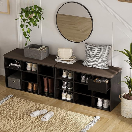 DINZI LVJ Shoe Bench, 9 Cubbies Shoe Organizer for Entryway, Storage Bench with Cushion, Cubby Shoe Rack with Adjustable Shelves for Living Room, Bedroom, Mudroom, Hallway, Espresso