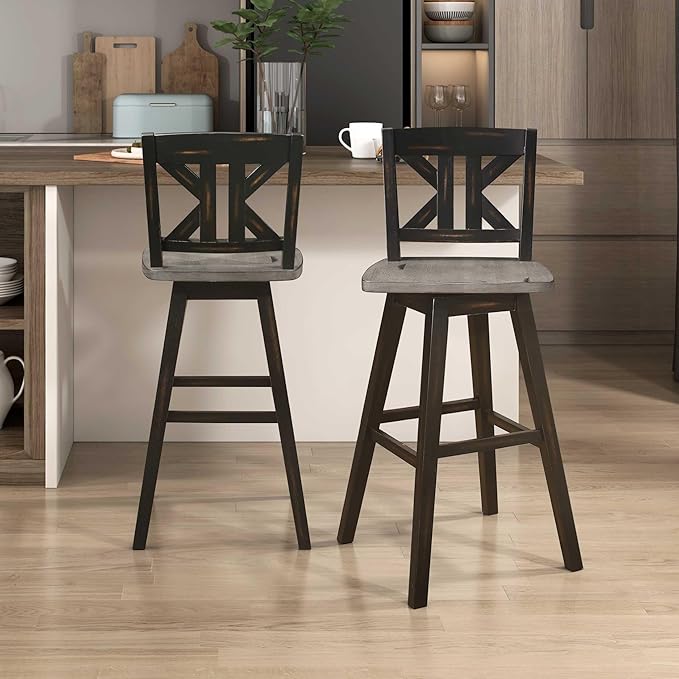 Lexicon Bar Height Bar Stools Set of 2-Solid Wood Frame 360° Swivel Wooden Stools, Foot Rest, KK Back, Wide Seat, Distressed Farmhouse Easy to Clean Finish, 28.5" SH, Antique Black/Grey