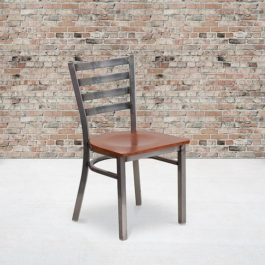 Flash Furniture 2 Pk. HERCULES Series Clear Coated Ladder Back Metal Restaurant Chair - Cherry Wood Seat