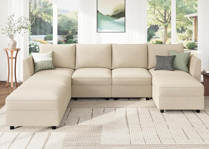 HONBAY Modular Sofa U Shaped Sectional Couch with Storage, Convertible Modular Sofa 7 Seats Sectional for Living Room - Beige