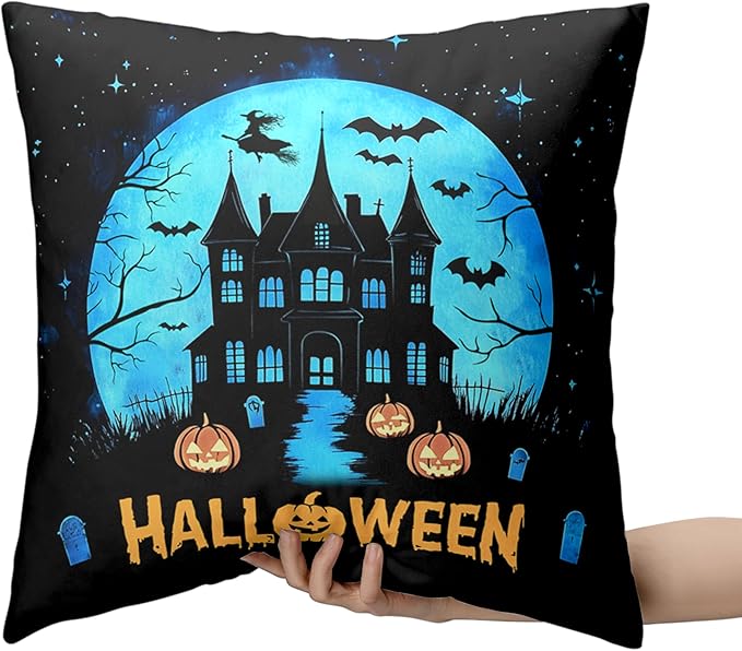 Halloween Pillow Covers 16x16 Set of 2 Witch Castle Throw Pillow Covers Horror Full Moon Night Pillow Case Bat Ghost Pumpkin Cushion Case for Holiday Party Home Decor Couch Sofa
