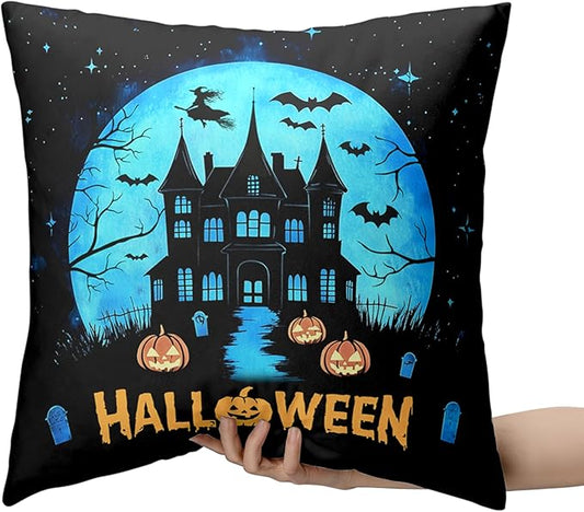 Halloween Pillow Covers 16x16 Set of 2 Witch Castle Throw Pillow Covers Horror Full Moon Night Pillow Case Bat Ghost Pumpkin Cushion Case for Holiday Party Home Decor Couch Sofa
