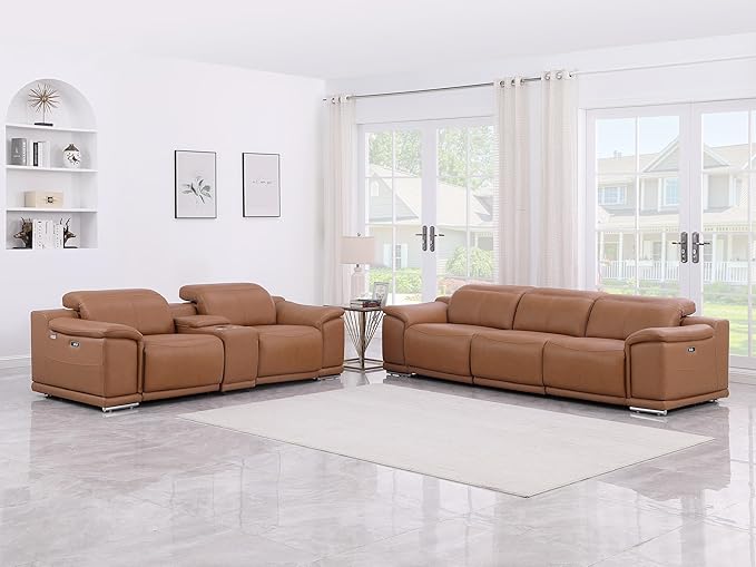 Blackjack Furniture Venice Top Grain Italian Leather Power Recline 6 Piece 5 Seater Sofa - 107" Theater Seating Modern Couch for Living Room Apartment with Adjustable Headrests & USB Port, Cognac