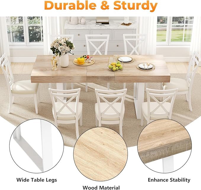 63"-78.7" Expandable Dining Table, 6-10 Farmhouse Kitchen Table, Extendable Dining Table, Rectangular Kitchen Table with Metal Track, Tapered U-Shaped Legs for Dining Room, Office-Oak