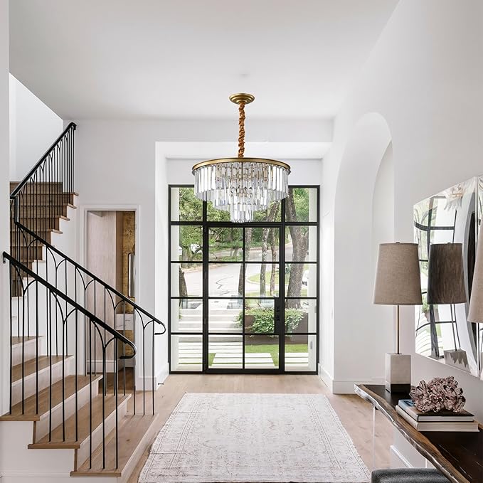 Golden Crystal Chandelier Lighting K9 Crystal Round Chandelier Suspended Ceiling Light Fixture 3 Tier Suitable for Modern Dining Room Living Room Bedroom Stairs