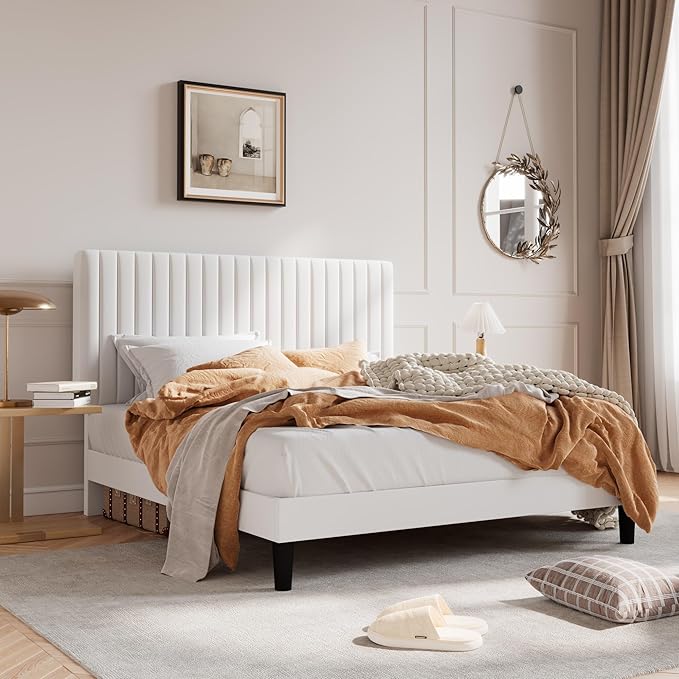 SHA CERLIN Full Upholstered Platform Bed Frame with Vertical Channel Tufted Velvet Fabric Adjustable Headboard, Wooden Slats Support, Mattress Foundation, Box Spring Optional, White