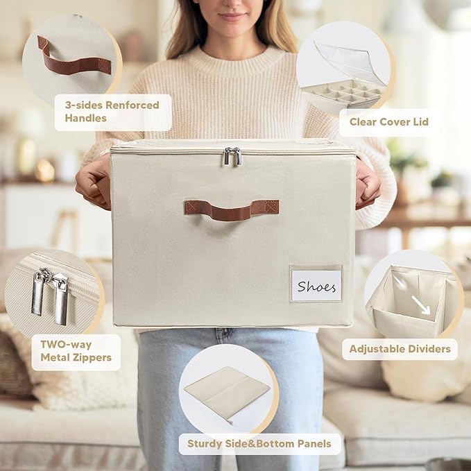 Shoe Organizer for Closet, Fits Up to 16 Pairs, Large Shoe Box Storage Container with Clear Cover, with Adjustable Dividers for Shoe Storage Bins,Space-Saving Shoe Bins (Beige)
