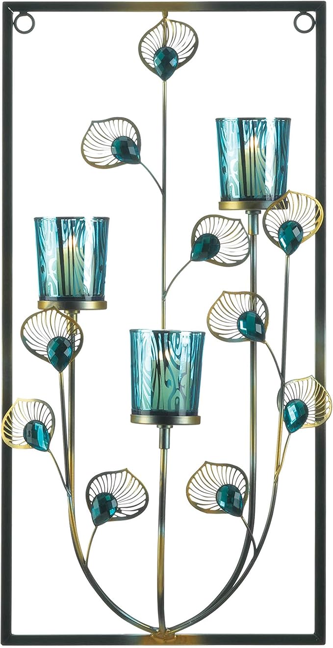 Zingz & Thingz Exotic Peacock Plume Collection Tealight & Candle Lighting, 9.5x4x18.75, Framed Wall Sconce Trio