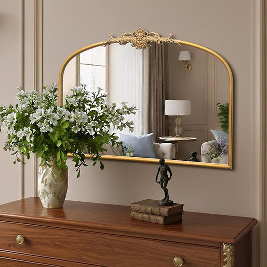 Besdomus Antique Arched Gold Mirror: 32"x24" Large Gleaming Gold Antique Wall Mounted Mirror - Baroque Traditional Ornate for Fireplace/Bathroom/Bedroom - Wall Decor for Homemakers
