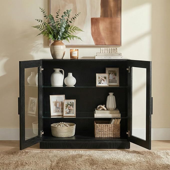 Casaphoria Adam Sideboard Buffet Cabinet with Storage, Display Cabinet with Glass Doors & Adjustable Shelves, 31" W x 36" H Buffet Cabinet for Entryway Kitchen Living Room, Black