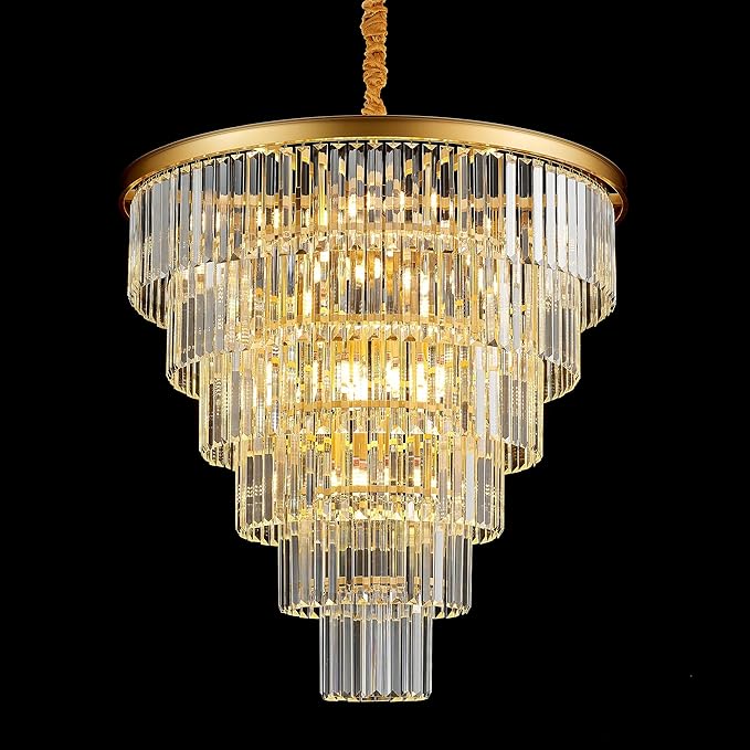 21-Light Gold Crystal Chandelier 29.92" Modern Crystal Pendant Ceiling Light Fixture 7-Tier Luxury K9 Crystal Chandeliers,for Living Room Hotel Lobby Restaurant Foyer High Ceiling