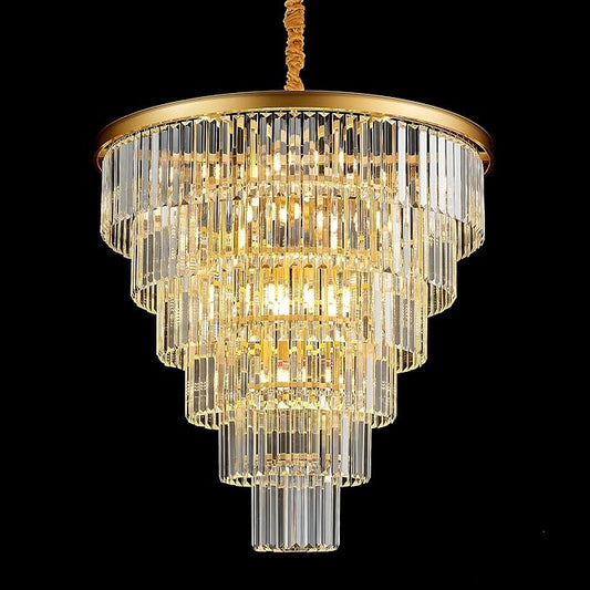 21-Light Gold Crystal Chandelier 29.92" Modern Crystal Pendant Ceiling Light Fixture 7-Tier Luxury K9 Crystal Chandeliers,for Living Room Hotel Lobby Restaurant Foyer High Ceiling