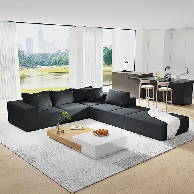 Oversized Boneless Modular Sectional Sofa Cloud Couch for Living Room - Convertible 6 Seater Chenille Couches Set with Ottoman, No Assembly Floor Compression Sofa with Memory Foam | Deep Seat, Wider Armrest, Free Combination