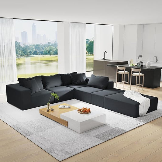 KEIKI Sectional Sofa Couch Set, Modular 132" L Shaped Couch Set with 6 Pillows, Free Combination Upholstered Sofa Couch for Living Room, Bedroom, Black