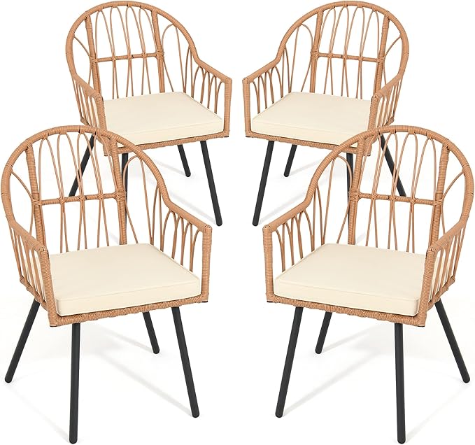YITAHOME 4 Pieces Rattan Wicker Dinning Chairs, Outdoor Indoor Patio Furniture Set with Cushion and Curved Back All Weather Bistro Chair for Garden Backyard Porch Poolside Restaurant (Beige)