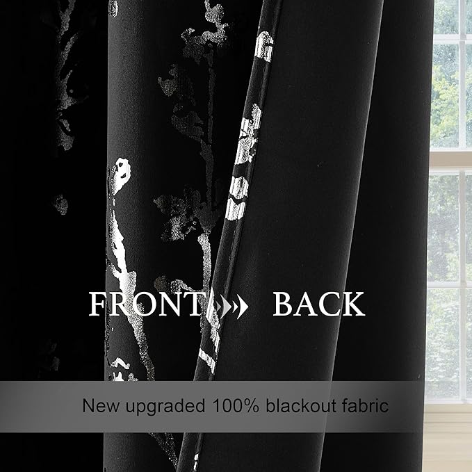 NICETOWN 100% Black Out Curtains 84 inch Long, Grommet Floral Blackout Curtains Branch Pattern Silver Foil Printed Window Treatment for Living Room/Bedroom, W52 x L84, 2 Panels