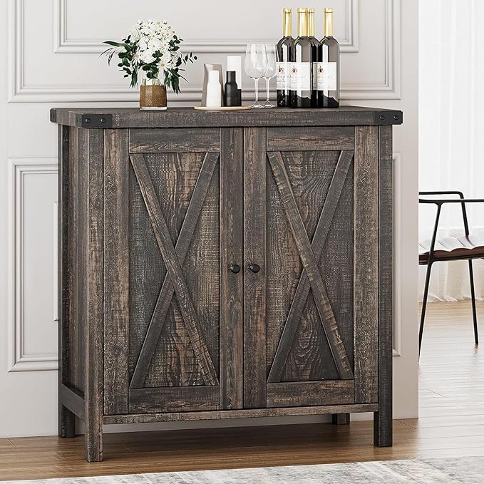 GarveeHome Small Storage Cabinet, Farmhouse Sideboard Buffet Cabinet with 2 Doors and Adjustable Shelves, Accent Entryway Console Cabinets for Living Room, Dining Room (Dark Oak, 1 Pieces)
