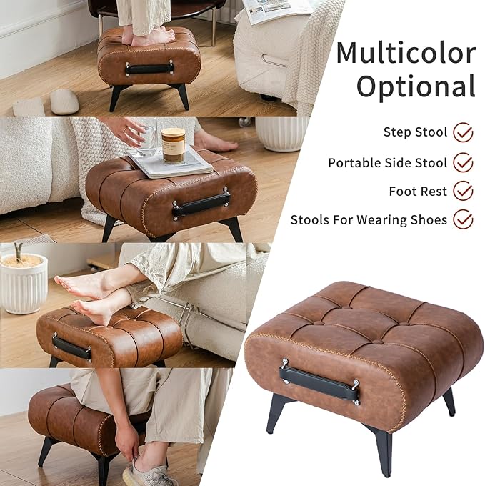 Small Footstool Ottoman - Stylish and Functional Faux Leather Footrest for Extra Seating in Living Room, Entryway, or Office