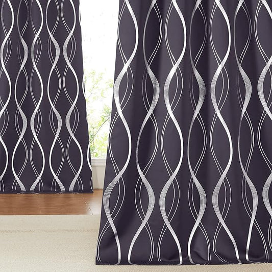 NICETOWN Blackout Curtains Panels for Living Room, Greyish Purple, 52" Wide x 84" Long, 2 Panels, Sound Reducing Thermal Insulated Wave Line Foil Print Design Curtains for Patio Sliding Glass Door