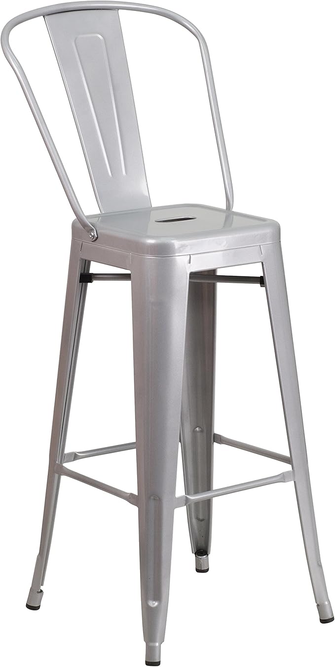 Flash Furniture Commercial Grade 30" High Silver Metal Indoor-Outdoor Barstool with Removable Back