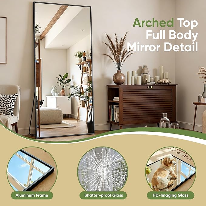 Full Length Mirror, 71"x32" Full Body Mirror, Floor Mirrors with Stand, Body Mirrors Standing Hanging Leaning Against Wall,Aluminum Frame Mirrors for Bedroom Cloakroom,Living Room,Black