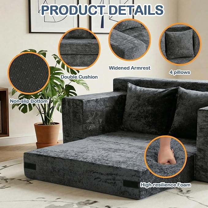 Boneless Loveseat Sleeper Sofa Bed, 3-in-1 Convertible Sofa Bed and Floor Futon Couch (Velvet-Grey, Loveseat (55"))