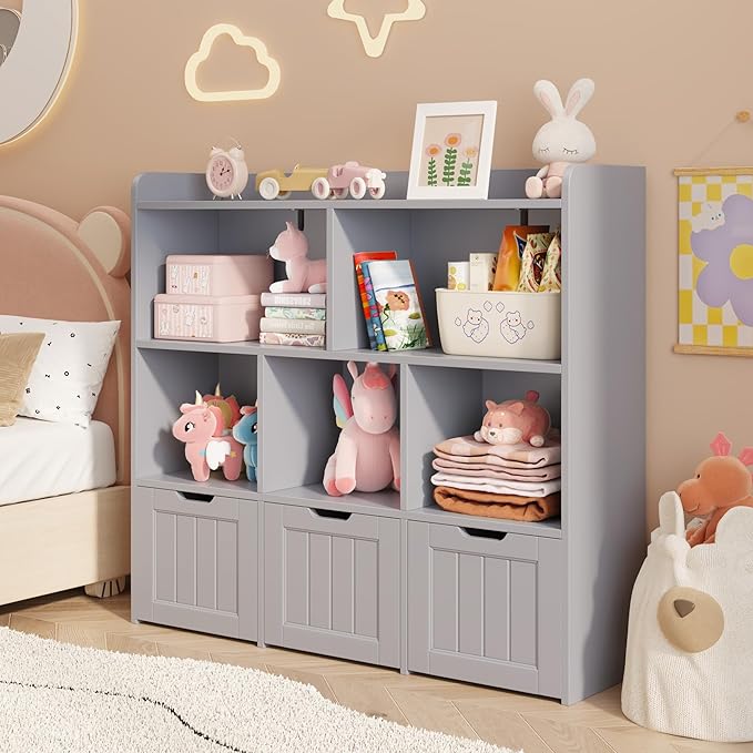 Gizoon Toy Storage Cabinet and Kids Bookcase with 3 Movable Drawers and 6 Open Shelves Featuring Fall Prevention Barrier for Playroom Nursery Kids Room Organization, Gray