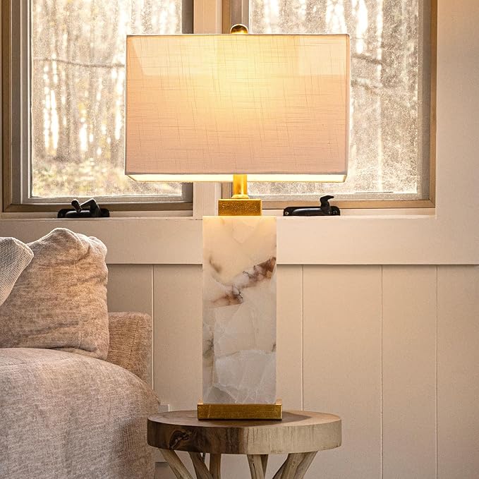 JONATHAN Y 27.5" White/Gold Modern Alabaster LED Table Lamp for Home Decor, White Linen Shade, Coastal Nightstand Lamp with Built-in Base Accent Light JYL6201A