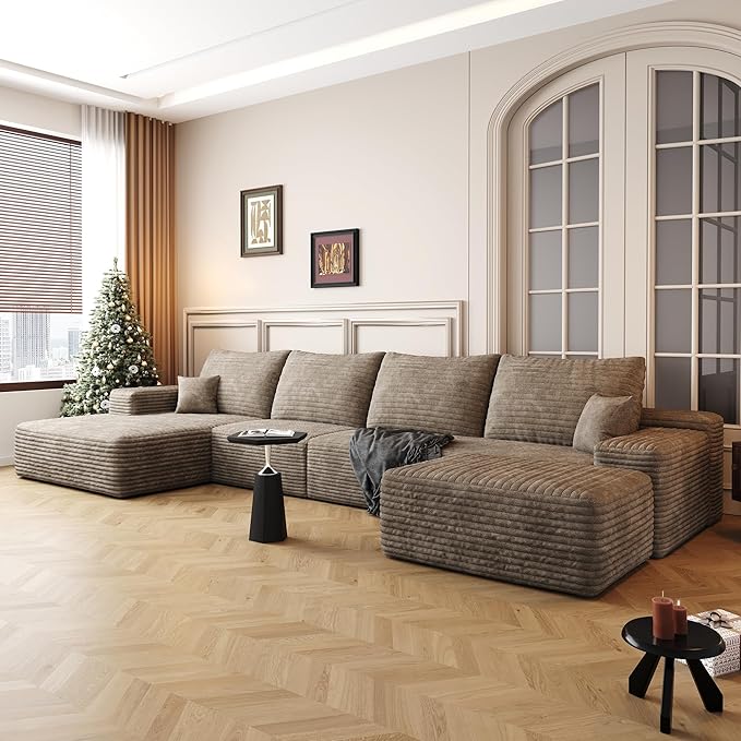 Eafurn Oversized Modular Sectional Sofa Couch with Movable Ottoman,Plush Corduroy Convertible U/L Shaped Boneless Couch with Left Facing Chaise,Deep Seat High-Density Foam Floor Sofa for Living Room
