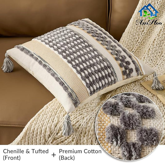 AmHoo Chenille Striped Textured Boho Throw Pillow Covers Aesthetic with Tassels Woven Decorative Pillow Case for Couch Bed Sofa Bedroom Modern Funky 18 x 18-Inch Grey White
