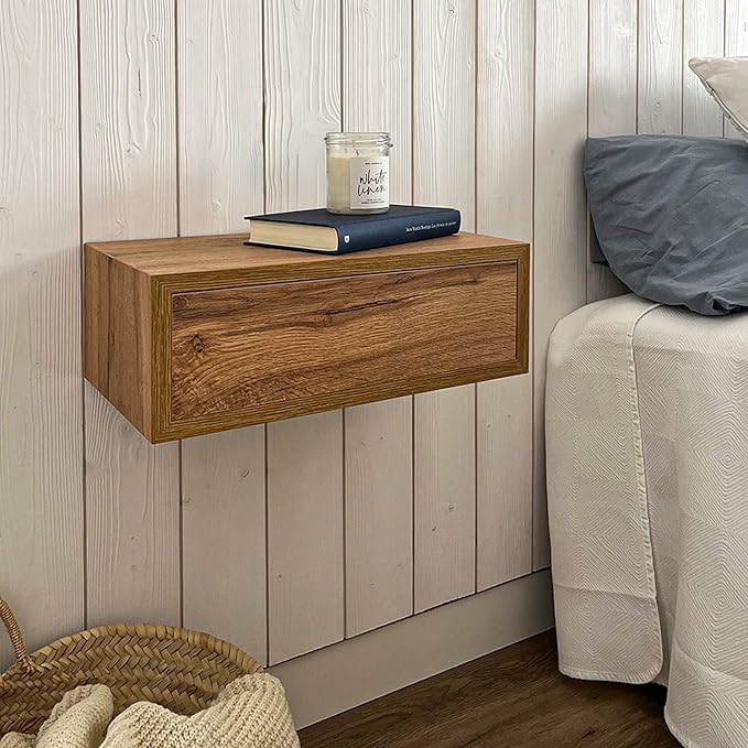 Mobili Fiver, Riccardo Floating nightstand, Rustic Oak, 17.7" x 9.8" x 6.1 ", Melamine-Finished, Modern Bedside Table, End Table, Italian Furniture