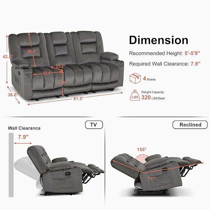 MCombo Zero Gravity Power Reclining Sofa with Heat and Vibration Massage, 3 Seater Reclining Couch with USB Ports, Cup Holders for Living Room, Fabric PR648SET (Grey)