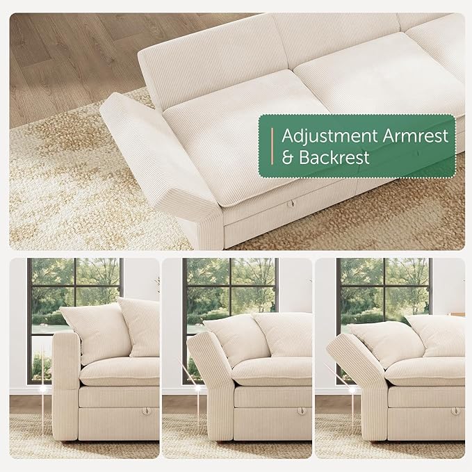 HONBAY Modular Sectional Sofa, 137 Inch U Shaped Corduroy Couch with Storage, Convertible Sectional Sofa with Deep Seat, Beige