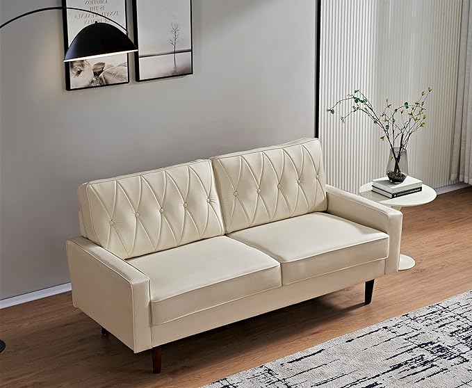 Container Furniture Direct Modern Style Faux Leather Loveseat with Elegant Round Tapered Legs and Button Tufted Backrest Perfect for Living Room, Bedroom or Home Office, 57.5’’ Wide, White
