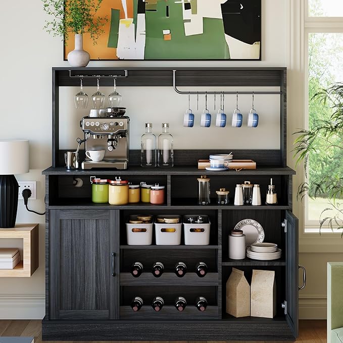 47 in Farmhouse Buffet Sideboard Cabinet with Power Outlets Coffee Bar Cabinet with Storage, Large Buffet Storage Cabinet Table with Wine Racks, Goblet Holder, Hooks for Kitchen, Dining Room, Grey