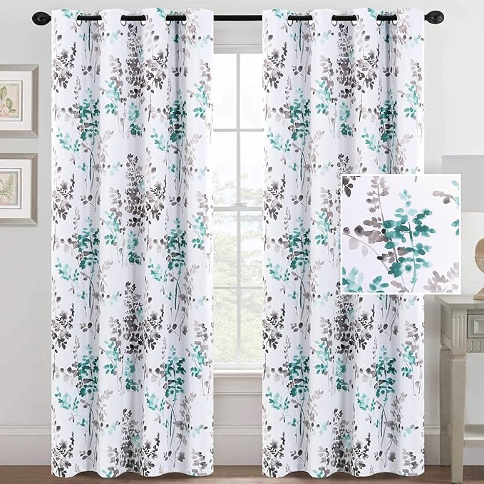 H.VERSAILTEX Room Darkening Curtains 95 Inches Long Blackout Curtains for Bedroom Thermal Insulated Curtains for Living Room, 2 Panels, Vintage Classical Floral Printing Grey and Turquoise