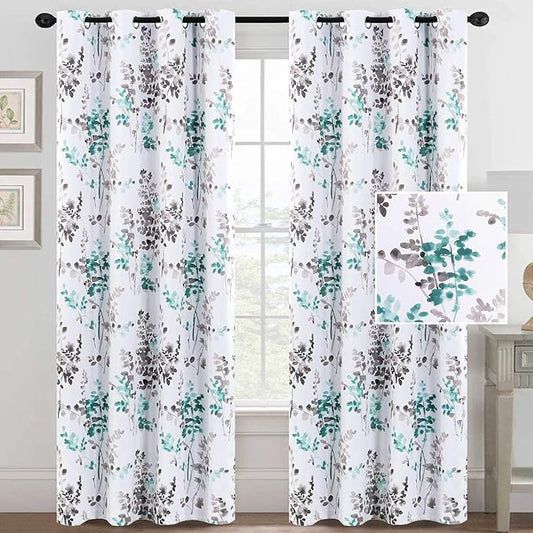 H.VERSAILTEX Blackout Curtains 84 Inch Length 2 Panels Set Thermal Insulated Floral Curtains & Drapes Room Darkening Grommet Curtains for Living Room(W52 x L84 Inch, Grey and Turquoise)