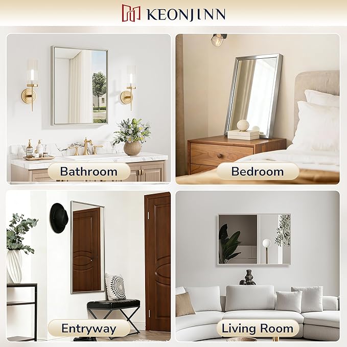 Keonjinn 36 x 36 Inch Brushed Nickel Bathroom Mirrors for Over Sink, Beveled Rectangle Framed Mirror for Wall, Farmhouse Bathroom Vanity Mirror, Square Corner, Tempered Glass