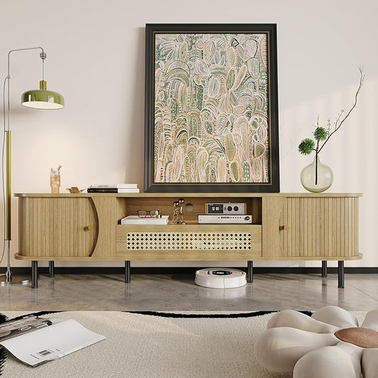basenji 71" Fluted TV Stand with Sliding Doors & Rattan,Mid Century Modern Entertainment Center with Storage,Curved Edge Design,Media Console for TVs up to 85",TV Consoles for Living Room,Wood