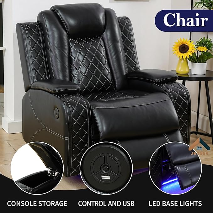 Power Reclining Sofa Sets for Living Room, Leather Recliner Sofa Set with LED Light, Cup Holder, Console Storage, Charging Pad for Home Theater Seating(3 Piece Set,Black)