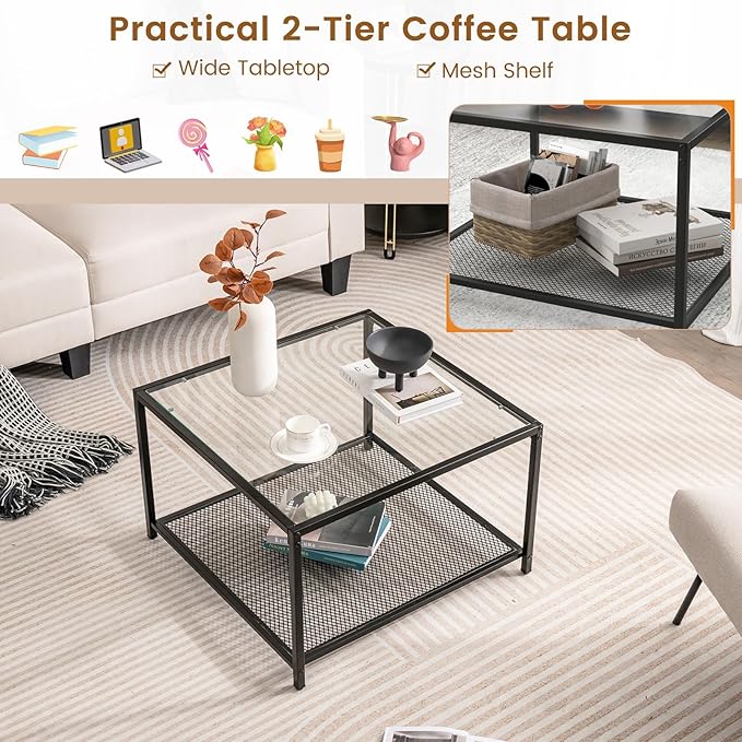 Giantex 27.5" Square Coffee Table - Tempered Glass Center Table w/Bottom Storage Shelf & Metal Frame, Modern Accent Table for Small Space, Living Room, Home, Office (2-Tier, Transparent)