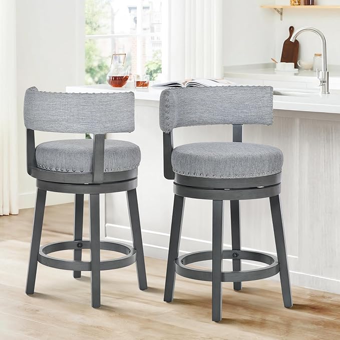 COLAMY Swivel Bar Stools Set of 2, 25 Inch Wood Swivel Barstools with Back, Counter Height Bar Stools, Modern Upholstered Barstools for Kitchen Island Dining Room Bar, Grey