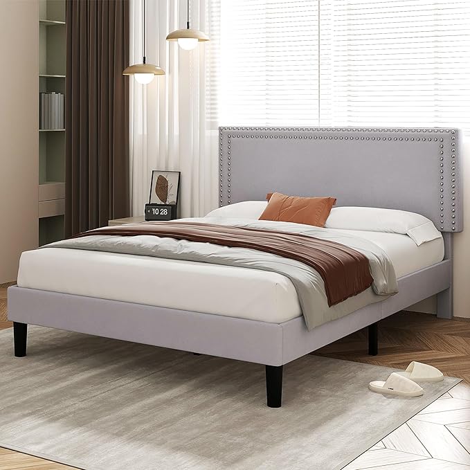 VECELO Full Size Bed Frame with Adjustable Upholstered Headboard, Wooden Slats Platform, Noise-Free Design, Easy Assembly