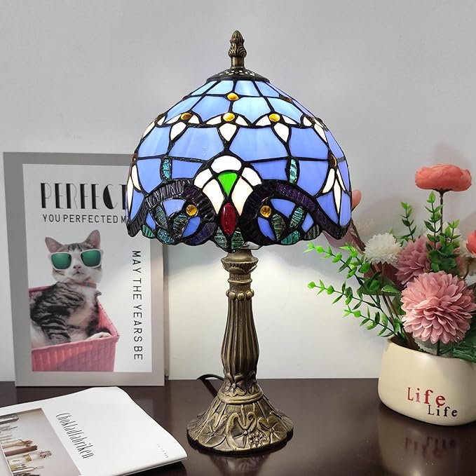 Tiffany Table Lamp 3-Way Light Handmade Bedside Lamp Small Desk Night Lamp Stained Glass Antique 15inch Tall Desk Light for Home Office Bedroom Living Room Study Room, Blue