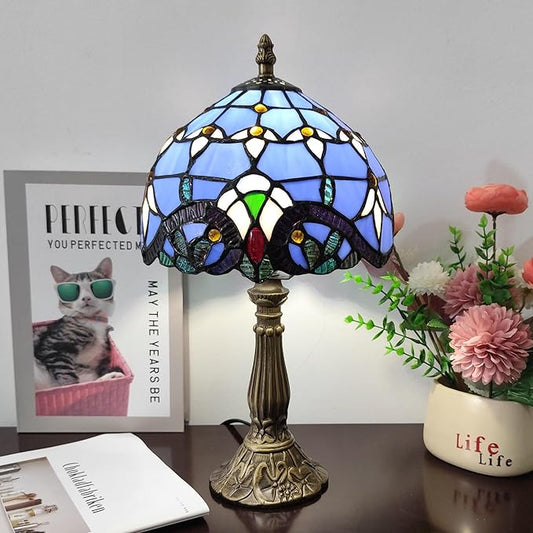 Tiffany Table Lamp 3-Way Light Handmade Bedside Lamp Small Desk Night Lamp Stained Glass Antique 15inch Tall Desk Light for Home Office Bedroom Living Room Study Room, Blue