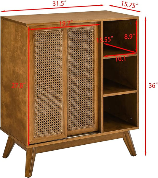 Ball & Cast 32" Mid Century Modern Rattan Sideboard Cabinet with 2 Sliding Doors, Buffet Cabinet w/Adjustable Shelf & Solid Wood Legs for Entryway, Living Room, Kitchen,Dining Room, Light Walnut