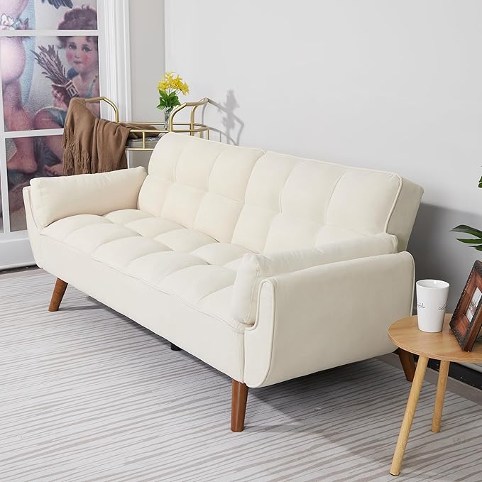 ERYE 75-Inch Linen Tufted Upholstered Futon Sofabed for Bedroom Living Room, Modern Convertible Futon Loveseat Sleeper Sofa Bed with Adjustable Backrest and Pillows | Easy to Assemble