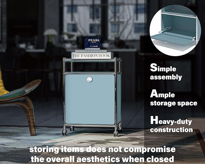 Elegant Matte Storage Cart with 22.8" Height - Perfect Side Table, Night Stand - Large Capacity with Flap Door, Detachable Wheels - Ideal for Home, Office, Bedroom, Kitchen (Blue)