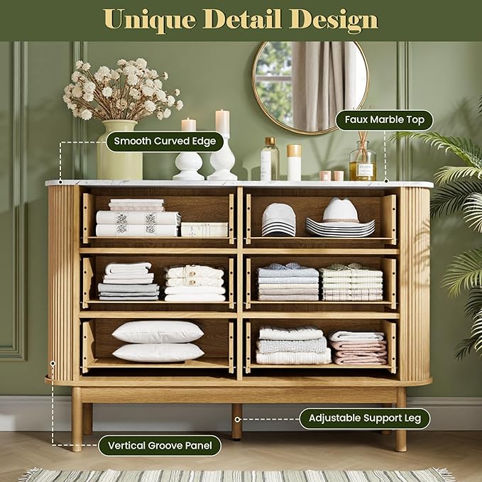 Pamapic Fluted Sideboard Buffet Cabinet, 47" Storage Cabinet with Curved Profile Design & Faux Marble Top, Modern Credenza with 6 Drawers, Wood Buffet Console Table for Living Room, Hallway, Natural